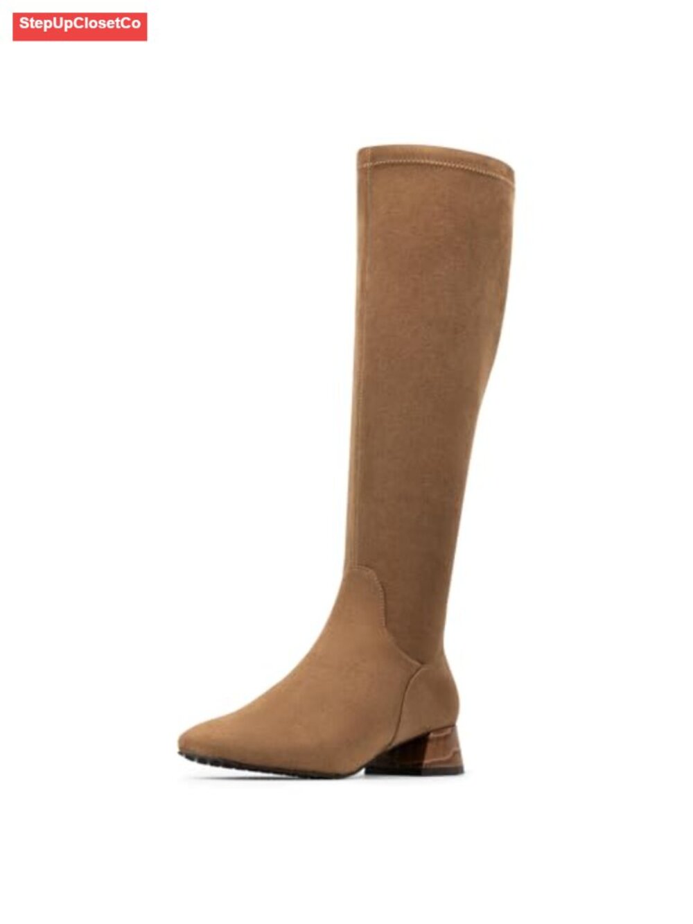 Women's Knee-High Square Toe Block Heel Stretch Suede Zip Boots